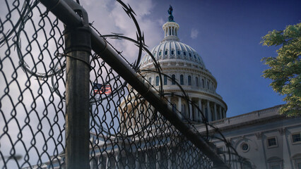 Captive U.S. Capitol Building Razor Wire Fence features a view of the U.S. Capitol Building at an angle behind razor wire fencing with clouds in the background. © spidey888