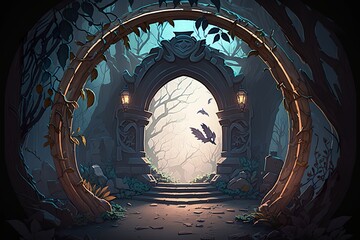 2D magical portal background environment for a battle arena mobile game. A fantastic magical gateway portal flat cartoon style. 2D realistic illustration. Generative AI