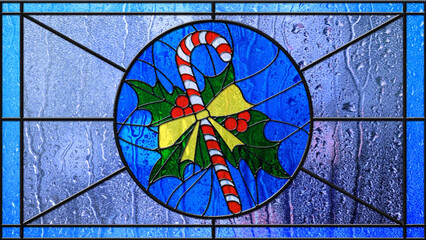 Stained Glass Christmas Candy Cane Rainy Day features a stained glass window with a central Christmas candy cane design with lights and rain trickling down the glass.