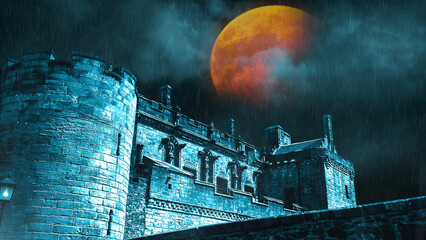 Castle with Rain Lightning and Blood Moon features a castle ruin with blue clouds and an orange red full moon in the background and mist and rain in the foreground. © spidey888
