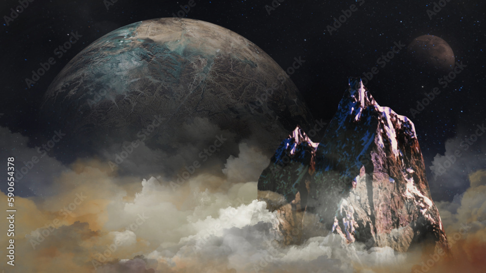 Wall mural above the clouds mountain peak with planets features a view from above the clouds with a mountain pe