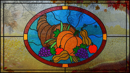 Fototapeta na wymiar Stained Glass Thanksgiving Sunny Fall Day features a stained-glass window with a picture of a horn of plenty depicted with a fall scene through the window with leaves falling.
