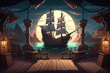 Obraz premium 2D pirate ship deck background environment for a battle arena mobile game. Pirate port overlooking old sailing ships in sea flat cartoon style. 2D realistic illustration. Generative AI