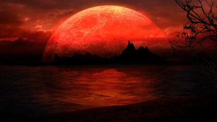 Fototapeta na wymiar Beach Island Silhouette in Red Large Moon features a silhouette of a beach and island out in a dark ocean and a large full moon and clouds in a red warm atmosphere.