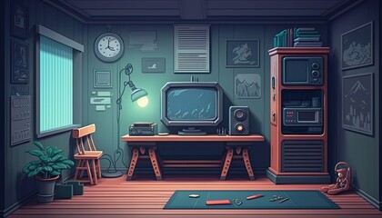 2D room boy background environment for a battle arena mobile game. Beautiful boy's room flat cartoon style. 2D realistic illustration. Generative AI