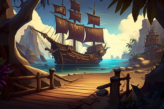 2D pirate ship deck background environment for a battle arena mobile game. Pirate port overlooking old sailing ships in sea flat cartoon style. 2D realistic illustration. Generative AI