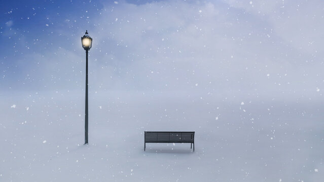 Bench with Lamp Post at Dusk with Snow features a bench next to a glowing lamp post with an obscure cloudy background and snow falling.