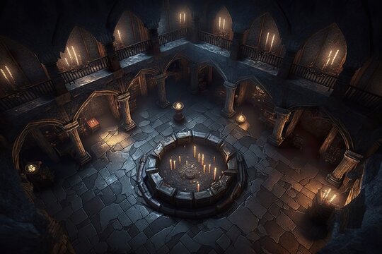 An epic dungeon map battle map for fantasy game. Level map scrolling user interface for mobile game assest. 3D realistic illustration. Generative AI