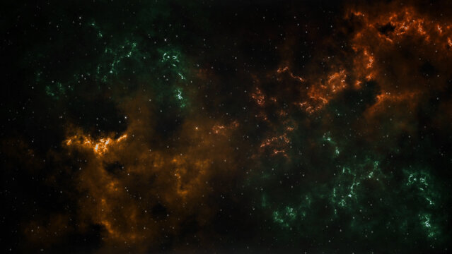 Space Gold and Green with Stars Background features a view of space with gold and green nebulous clouds and twinkling stars.