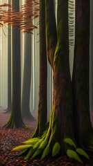 Tree trunks and brown colored ferns in misty autumn forest - generative ai