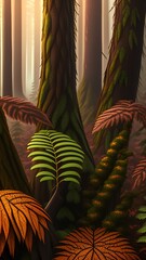 Tree trunks and brown colored ferns in misty autumn forest - generative ai