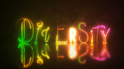Diversity Rainbow Lights Reflection features the word diversity made of different fonts in a rainbow of color with a watery reflection.