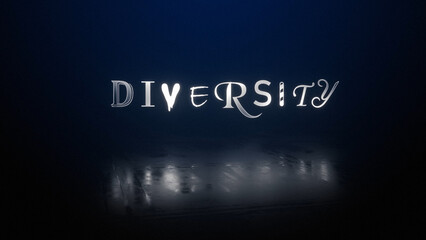 Diversity Text Metallic  features the word diversity made of different reflective metallic fonts on screen with a watery reflection.
