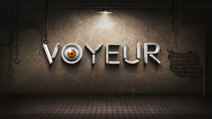 Voyeur Creepy Basement features a view of a dark creepy basement with a light and hanging chains slightly swinging with the word Voyeur on the wall with an eye looking out of the “O”