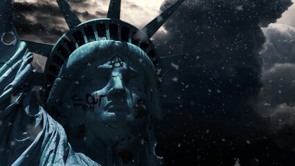 The End of Liberty features a close-up of the Statue of Liberty with cracks and graffiti all over it with roiling clouds in the background. © spidey888