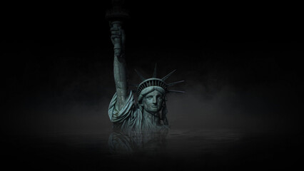 Fototapeta na wymiar Liberty Sinking in the Night features a submerged Statue of Liberty in the center of a black atmosphere with a small amount of water reflection with rolling fog around the statue.