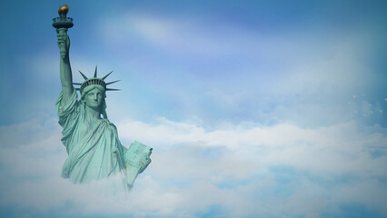 Statue of Liberty Above the Clouds features the Statue of Liberty with the top half above clouds with a blue sky in the background. © spidey888