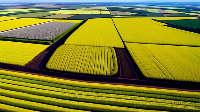 Drone view of vast oilseed rape field - Generative AI