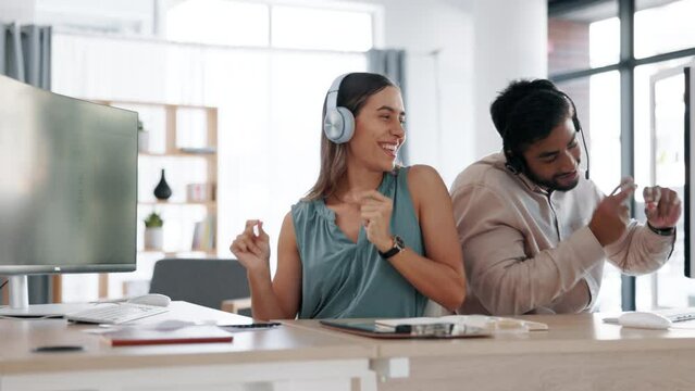 Telemarketing, business team and dance of friends and music in a office. Call center, workers freedom and woman crm employee with dancing and headphones with a happy smile together from work