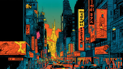 The City at Night: Illuminated Skyscrapers, Busy Streets, and Vibrant Cars - AI Retro Art