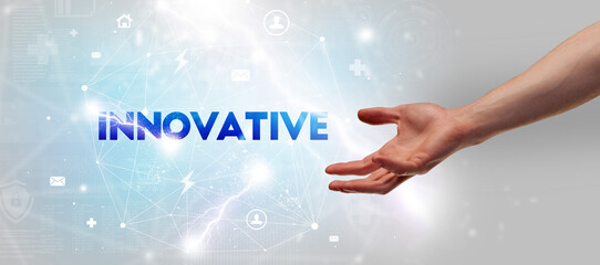 Hand pointing at inscription concept