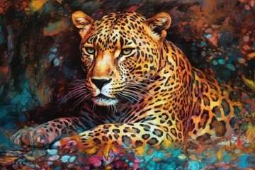 relaxed leopard laying on the ground. Generative AI