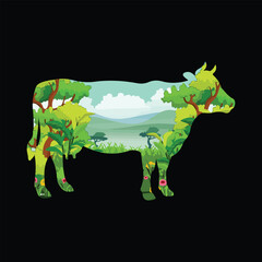 Cow Beauty Nature Background Illustration, Cow Drawing With Floral Ornament Decoration, The Cow Has a Gorgeous Flower Pattern and Nature