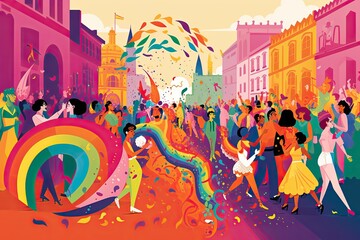 Naklejka premium Gay pride parade, people having fun at equality march or lgbt gay parade, illustration, AI generated