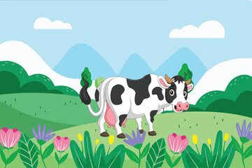 Cow Beauty Nature Background Illustration, Cow Drawing With Floral Ornament Decoration, The Cow Has a Gorgeous Flower Pattern and Nature