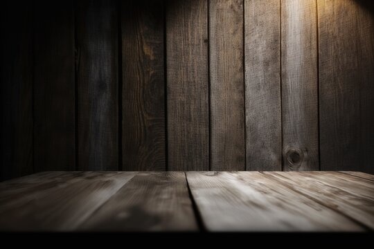 Concealment created by a wooden wall. blurred wood tabletop with scenic background. Generative AI