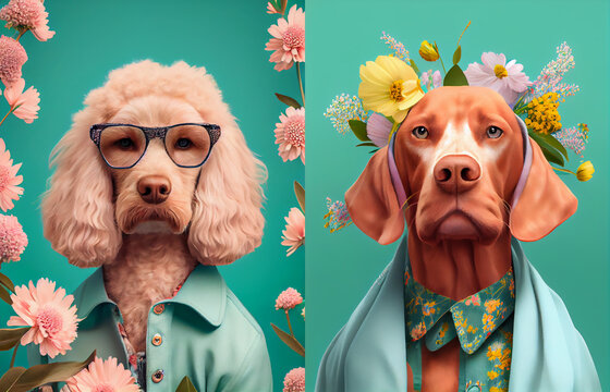 Cute dogs wearing in a costume. Background with flowers. Dog in a fashion glasses, collection