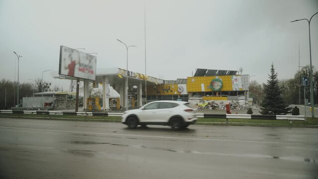 Destroyed gas station after russian occupation. Bucha, Ukraine April 2022