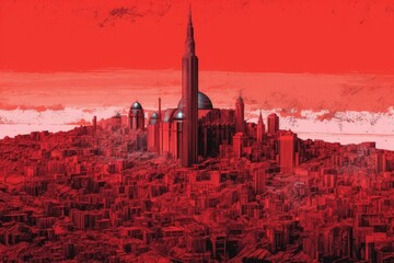 cityscape with a vibrant red sky. Generative AI