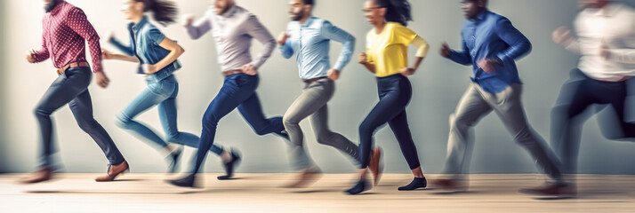 Blurred people, Group of office employees walking in motion. Business people walking at open space. Busy workday, office rush concept. horizontal photo banner. 