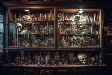 museum display case showcasing an array of skulls from various animals. Generative AI