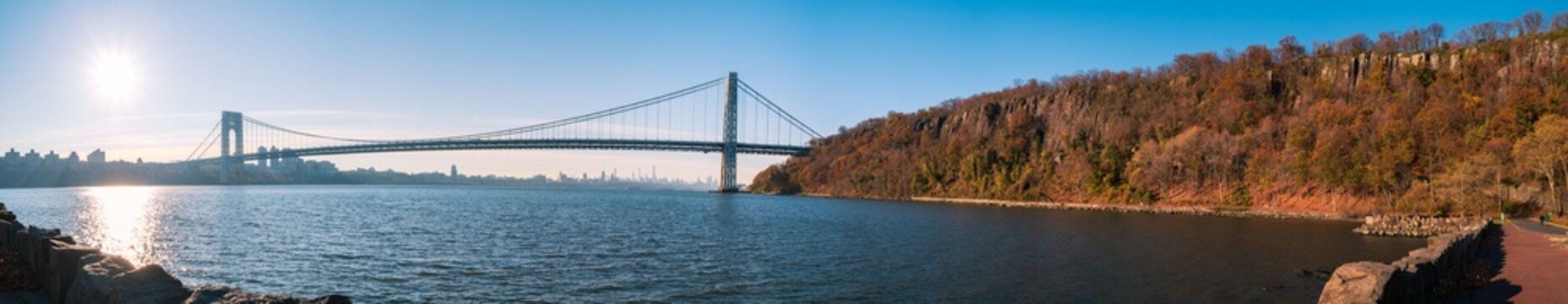 Panorama of the Gorge Washington bridge over the Hudson River in New York