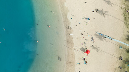 Park area with palm trees and white sand beach and ocean in Hawaii top-down aerial drone view. 