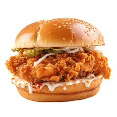 fried chicken sandwich isolated on transparent background, generative ai