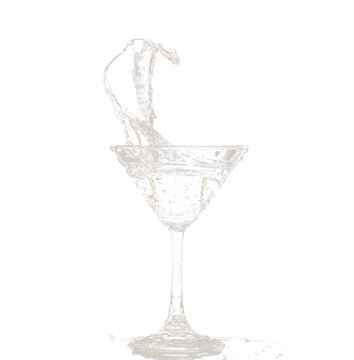 Cocktail Glass with splashing water alcohol, Crystal Cocktail drink splatter splash in air and bubble from glass. Liquor Part freeze shot high speed over black background isolated