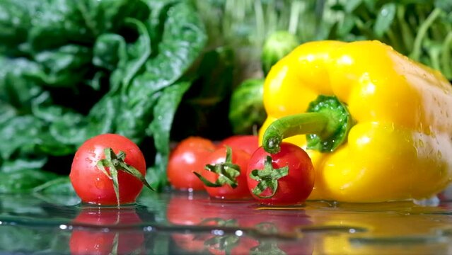 Close up view of fresh vegetables on kitchen table. High quality footage