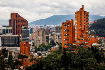 Panoramic view of residential buildings and bullring in Bogota, Colombia