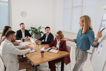 Businesswoman showing charts near flipchart on meeting in office