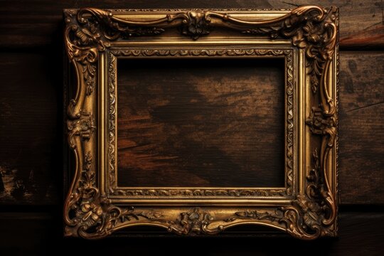 golden frame placed on a wooden table. Generative AI