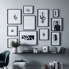 An image of minimalist Living Room with Monochrome Photo Wall frames. combination of black and white .  "Generative AI"