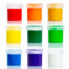 Banks with gouache of different colors. Hobby and creativity. Isolated on white background. Collage, set. Square format.