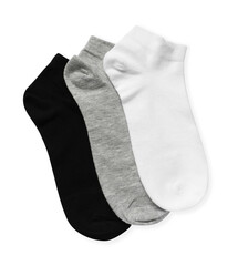 Different socks isolated on white, top view