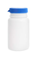 Closed plastic medicine bottle isolated on white. Medicament