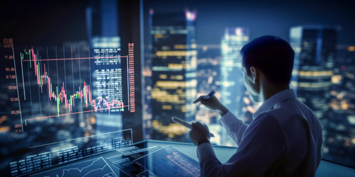 Finance trade manager analyzing stock market indicators, financial data and charts with business skyscrapers in background. 