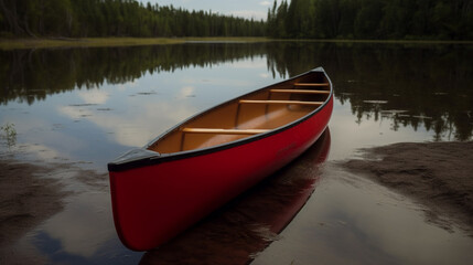Beached Red Canoe Summer Scene ~ Created using Generative AI