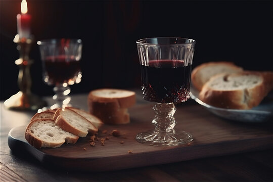 Image of the Last Supper with a glass cup and bread on a wooden board. Black background with blurred candles and another glass of wine. Great for religious projects